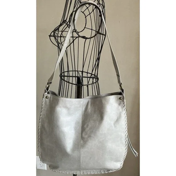 Hobo Braided Leather Shoulder Handbag With Whipstitch Detailing Light Grey EUC - Picture 1 of 9